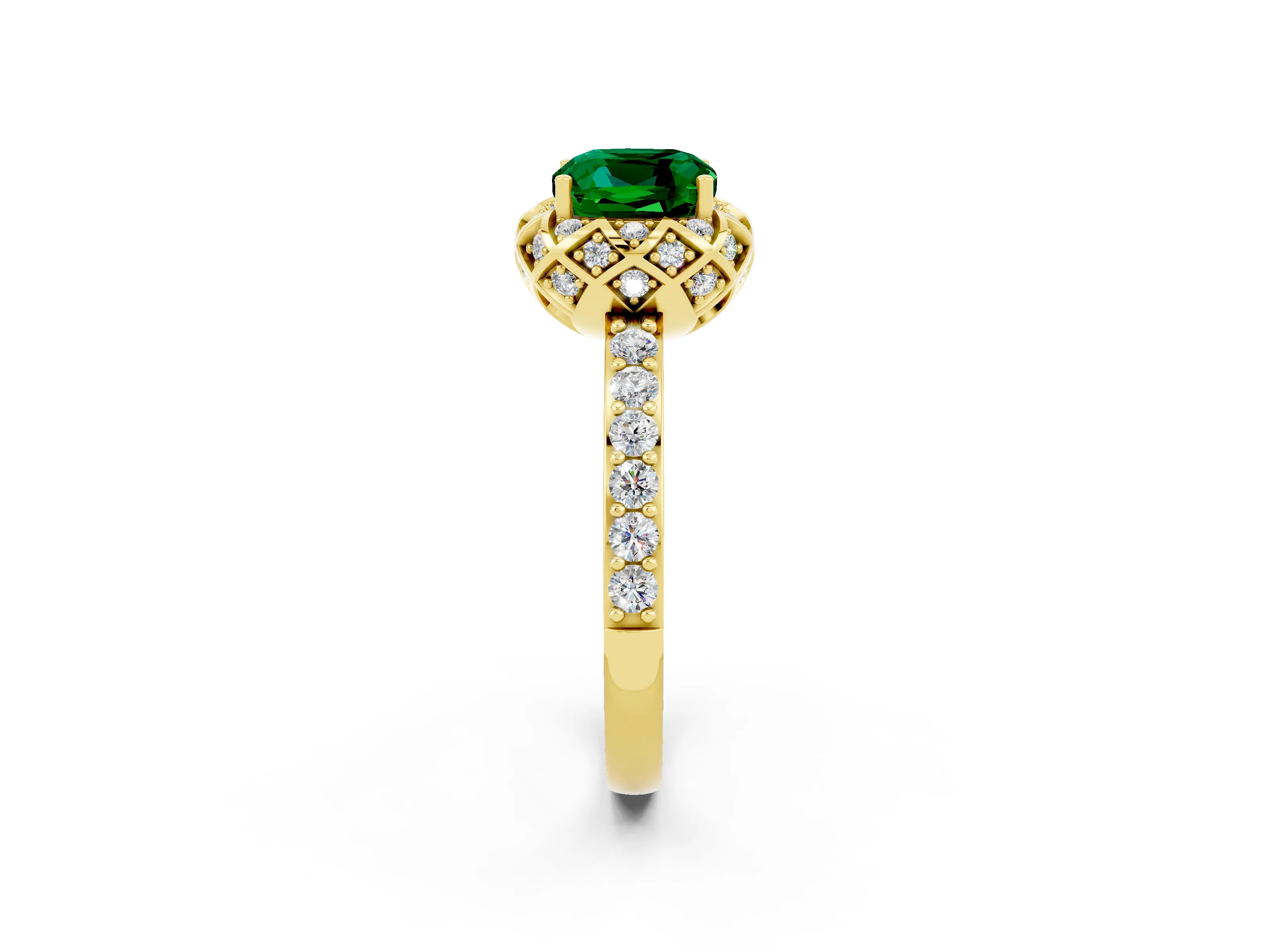 Yellow gold Cushion Cut Diamond Solitaire Ring with Shared Prong Pavé Band_2