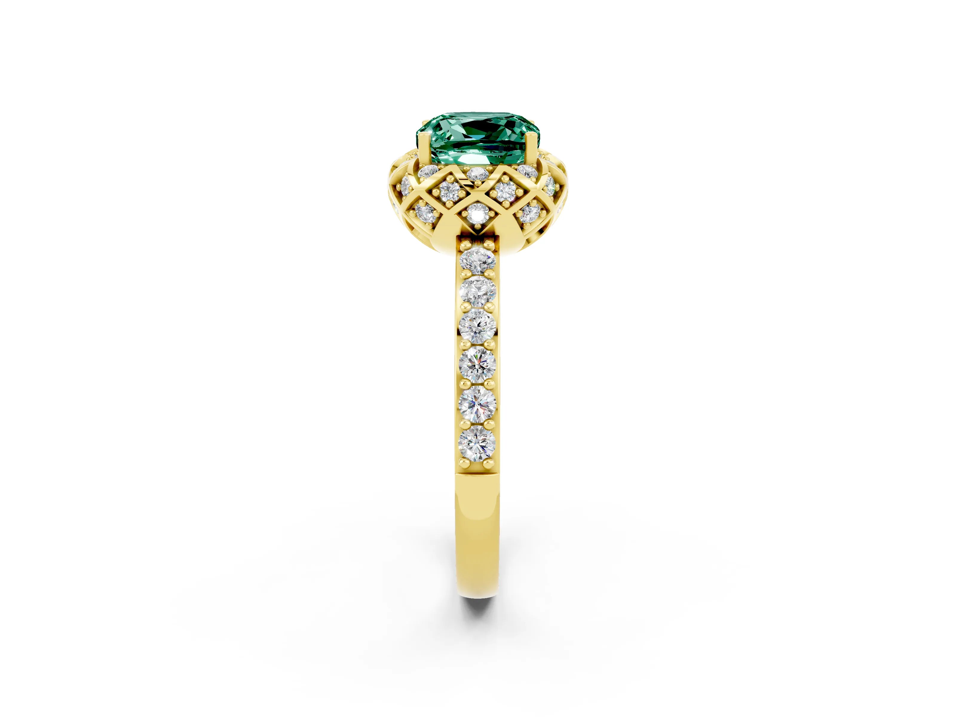 Yellow gold Cushion Cut Diamond Solitaire Ring with Shared Prong Pavé Band_2
