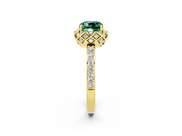 Yellow gold Cushion Cut Green Sapphire Scalloped Halo Engagement Ring with Round Shared Prong Band