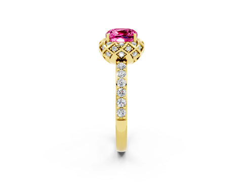 Yellow gold Cushion Cut Diamond Solitaire Ring with Shared Prong Pavé Band_2