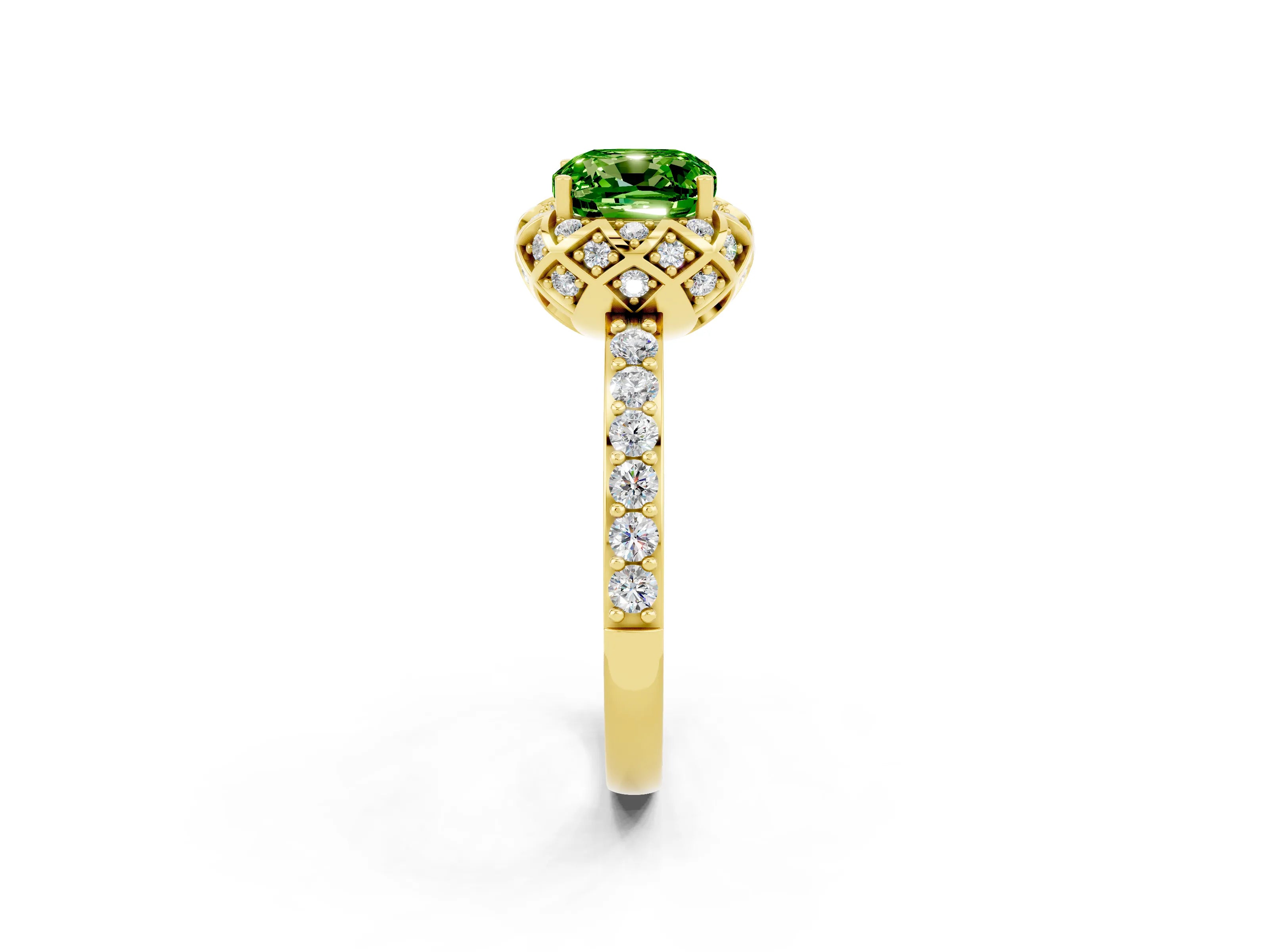 Yellow gold Cushion Cut Diamond Solitaire Ring with Shared Prong Pavé Band_2