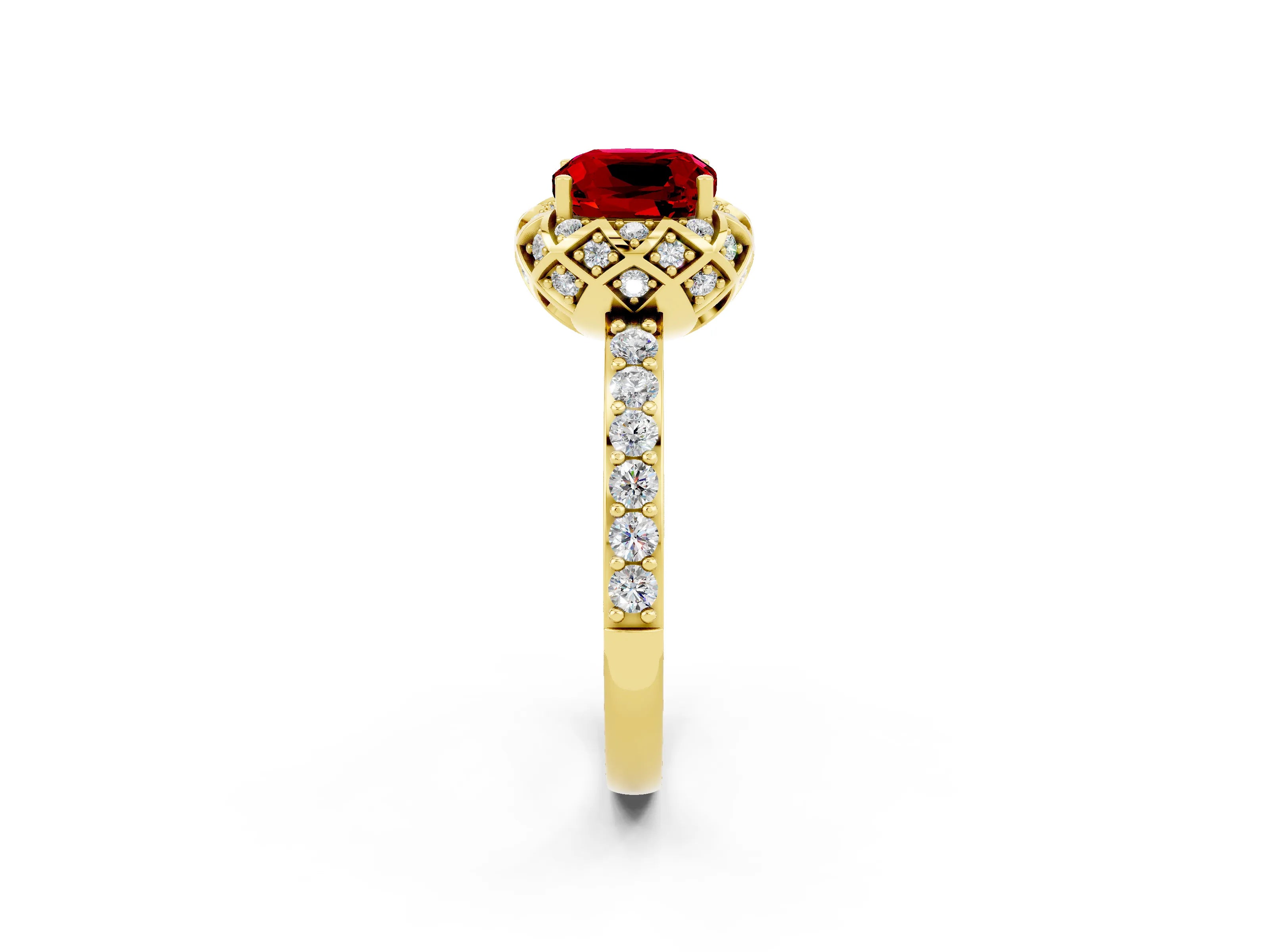 Yellow gold Cushion Cut Diamond Solitaire Ring with Shared Prong Pavé Band_2