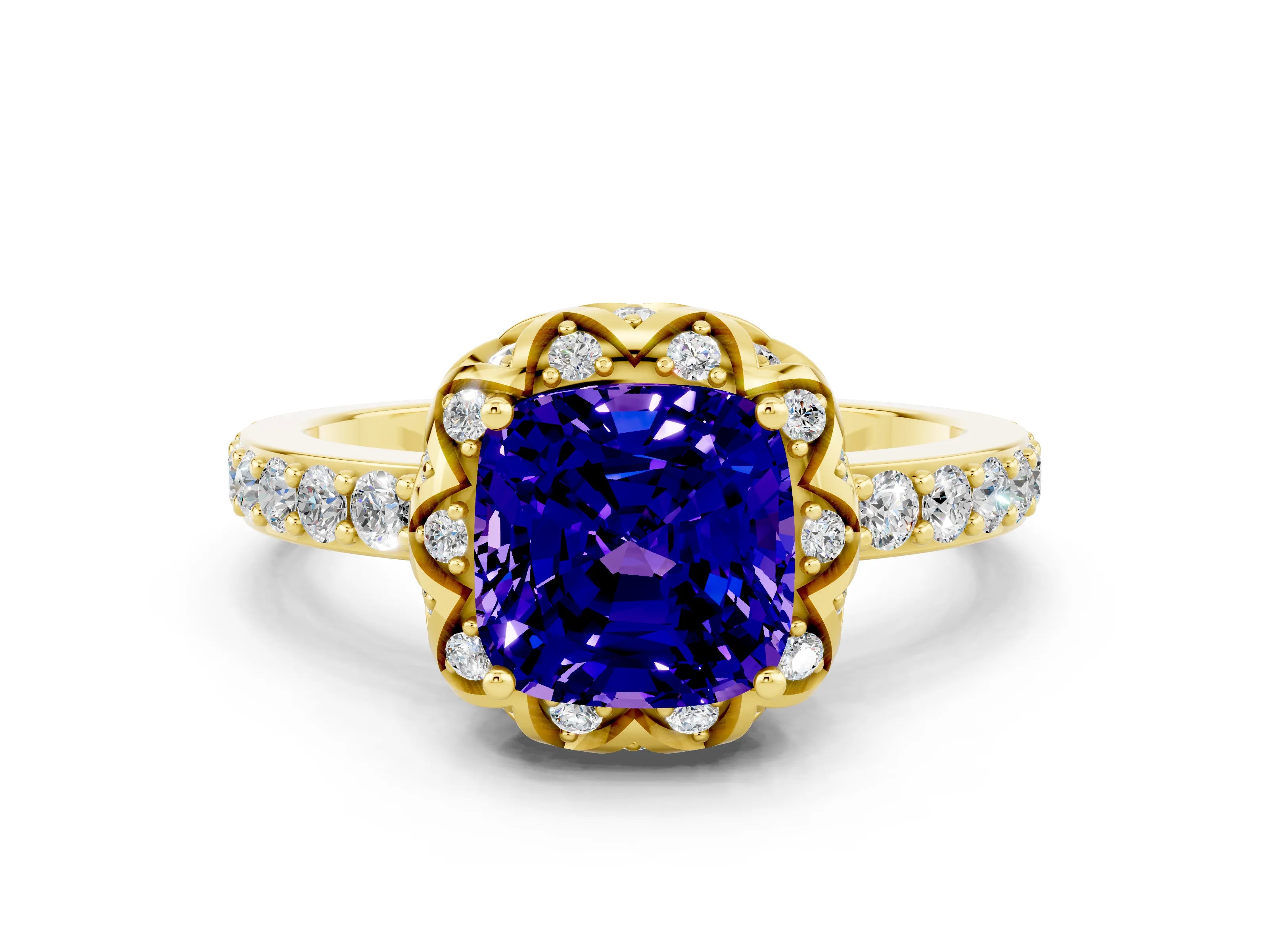 Yellow gold Cushion Cut Diamond Solitaire Ring with Shared Prong Pavé Band