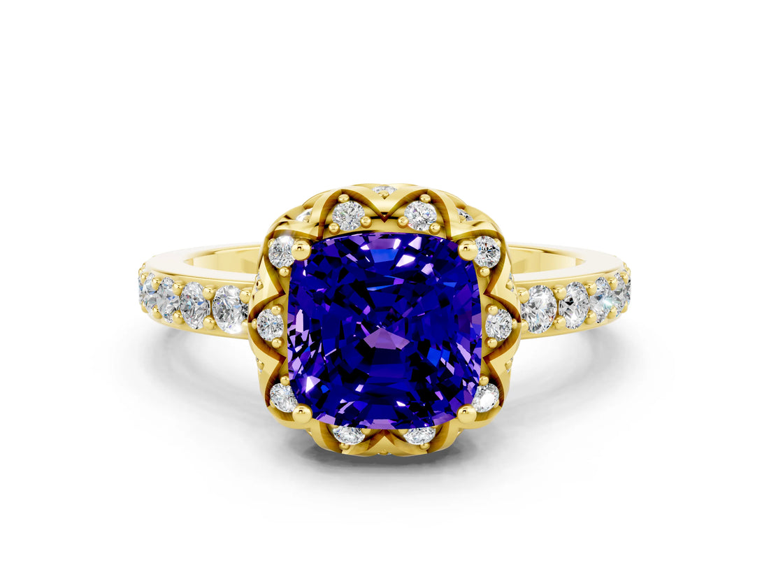 Yellow gold Cushion Cut Diamond Solitaire Ring with Shared Prong Pavé Band