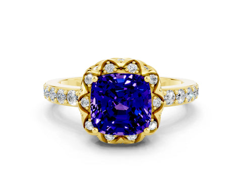 Yellow gold Cushion Cut Diamond Solitaire Ring with Shared Prong Pavé Band