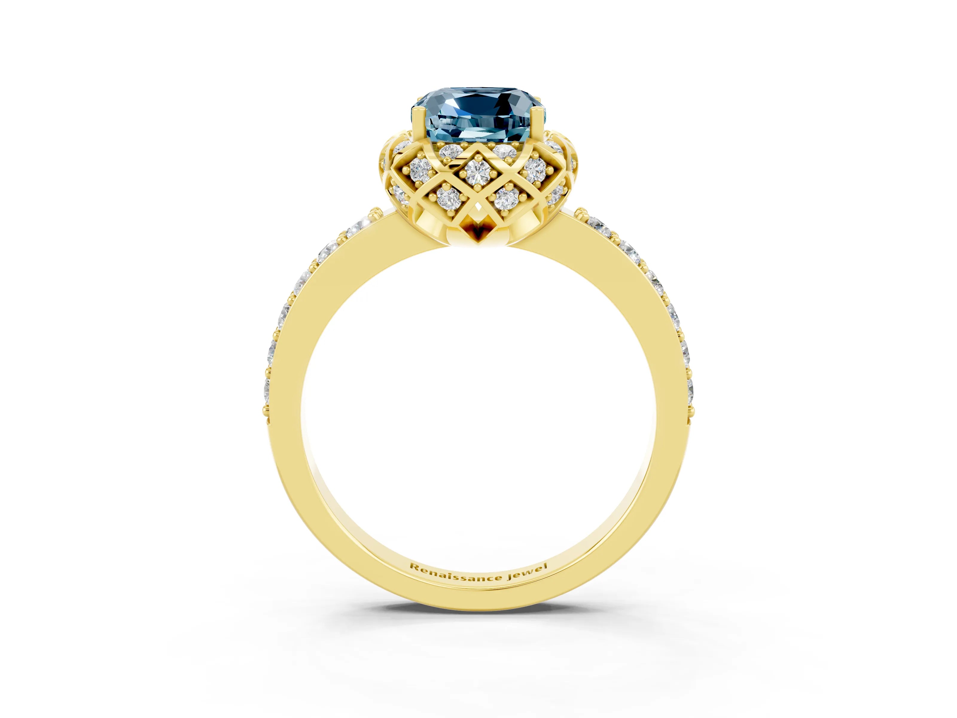 Yellow gold Cushion Cut Diamond Solitaire Ring with Shared Prong Pavé Band_3