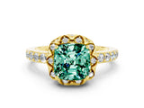 Yellow gold Cushion Cut Diamond Solitaire Ring with Shared Prong Pavé Band