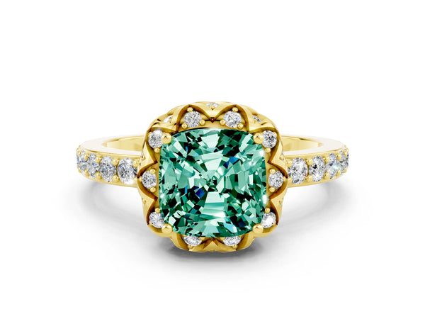 Yellow gold Cushion Cut Green Sapphire Scalloped Halo Engagement Ring with Round Shared Prong Band