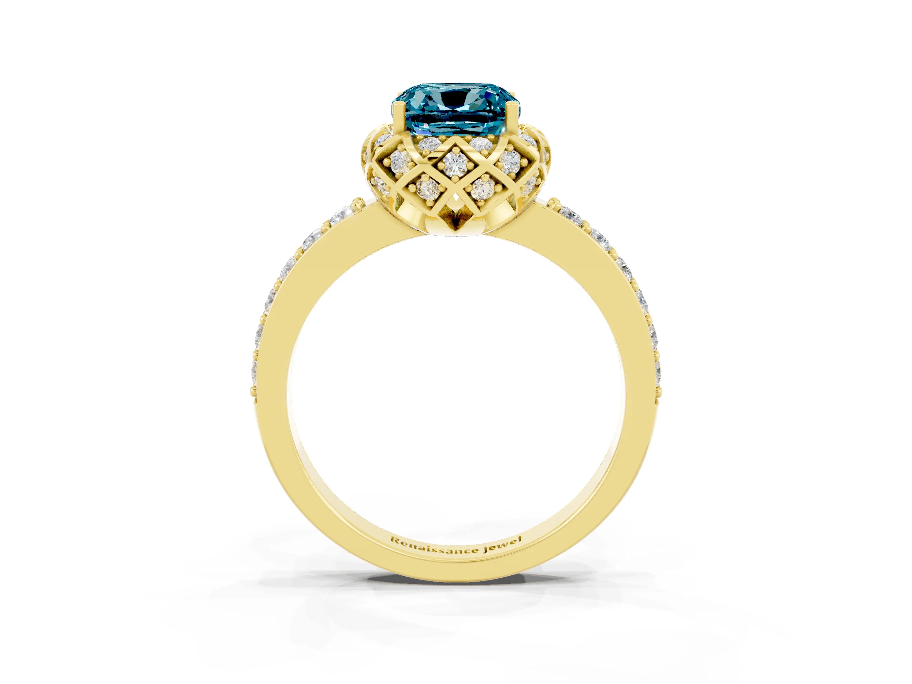 Yellow gold Cushion Cut Diamond Solitaire Ring with Shared Prong Pavé Band_3