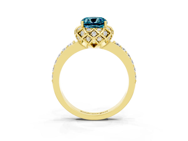 Yellow gold Cushion Cut Diamond Solitaire Ring with Shared Prong Pavé Band