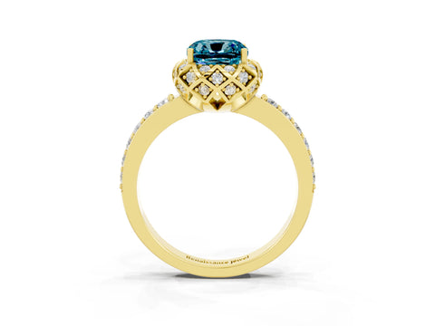 Yellow gold Cushion Cut Diamond Solitaire Ring with Shared Prong Pavé Band_3