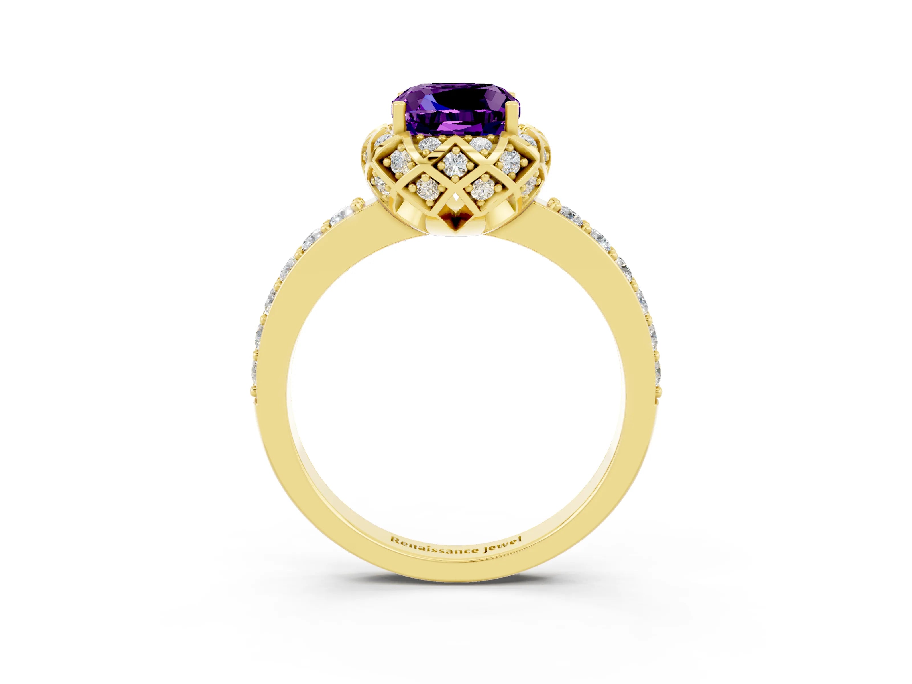 Yellow gold Cushion Cut Diamond Solitaire Ring with Shared Prong Pavé Band_3