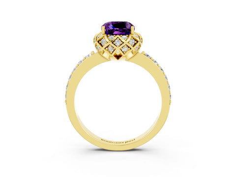 Yellow gold Cushion Cut Diamond Solitaire Ring with Shared Prong Pavé Band_3