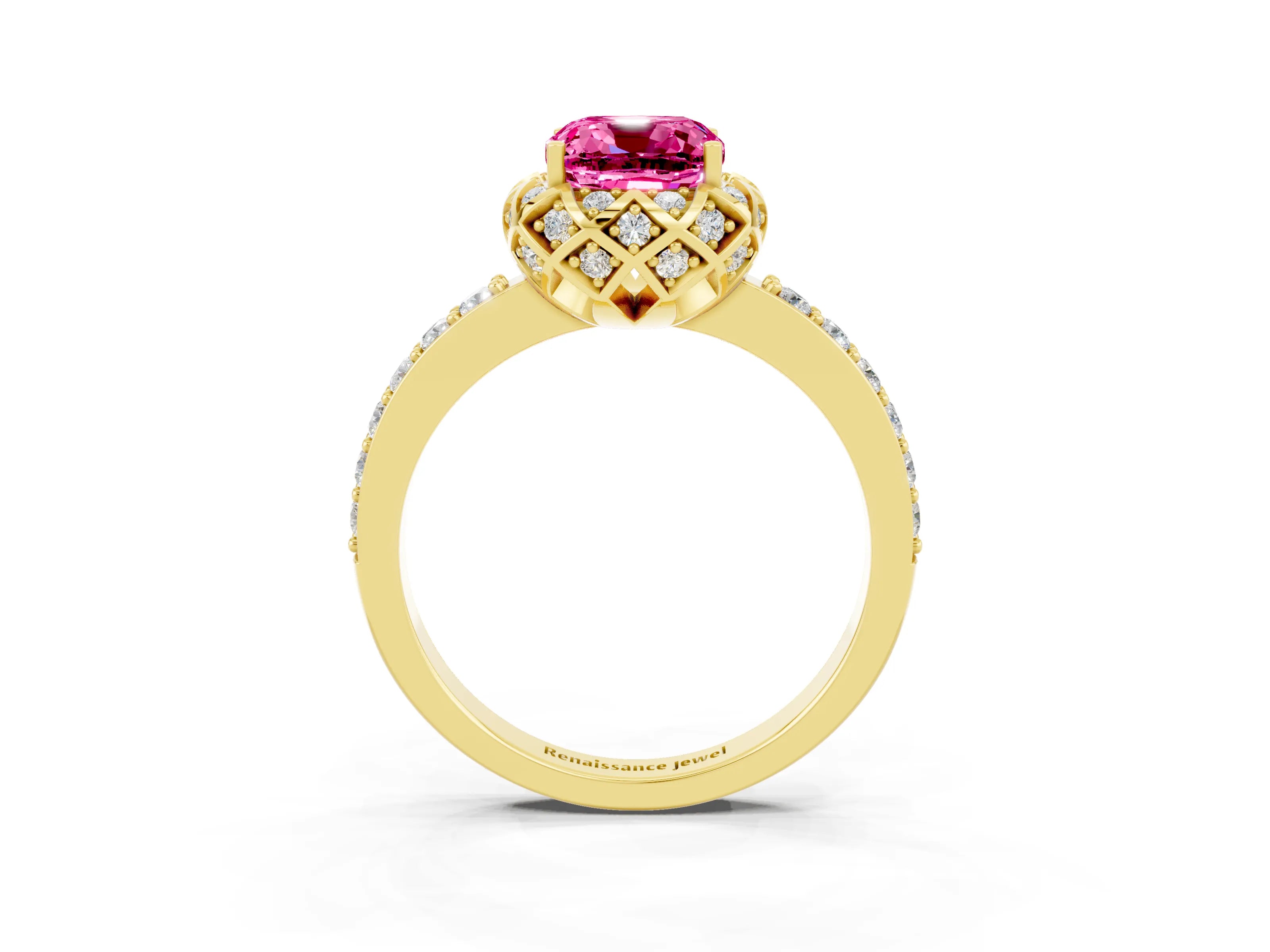Yellow gold Cushion Cut Diamond Solitaire Ring with Shared Prong Pavé Band_3