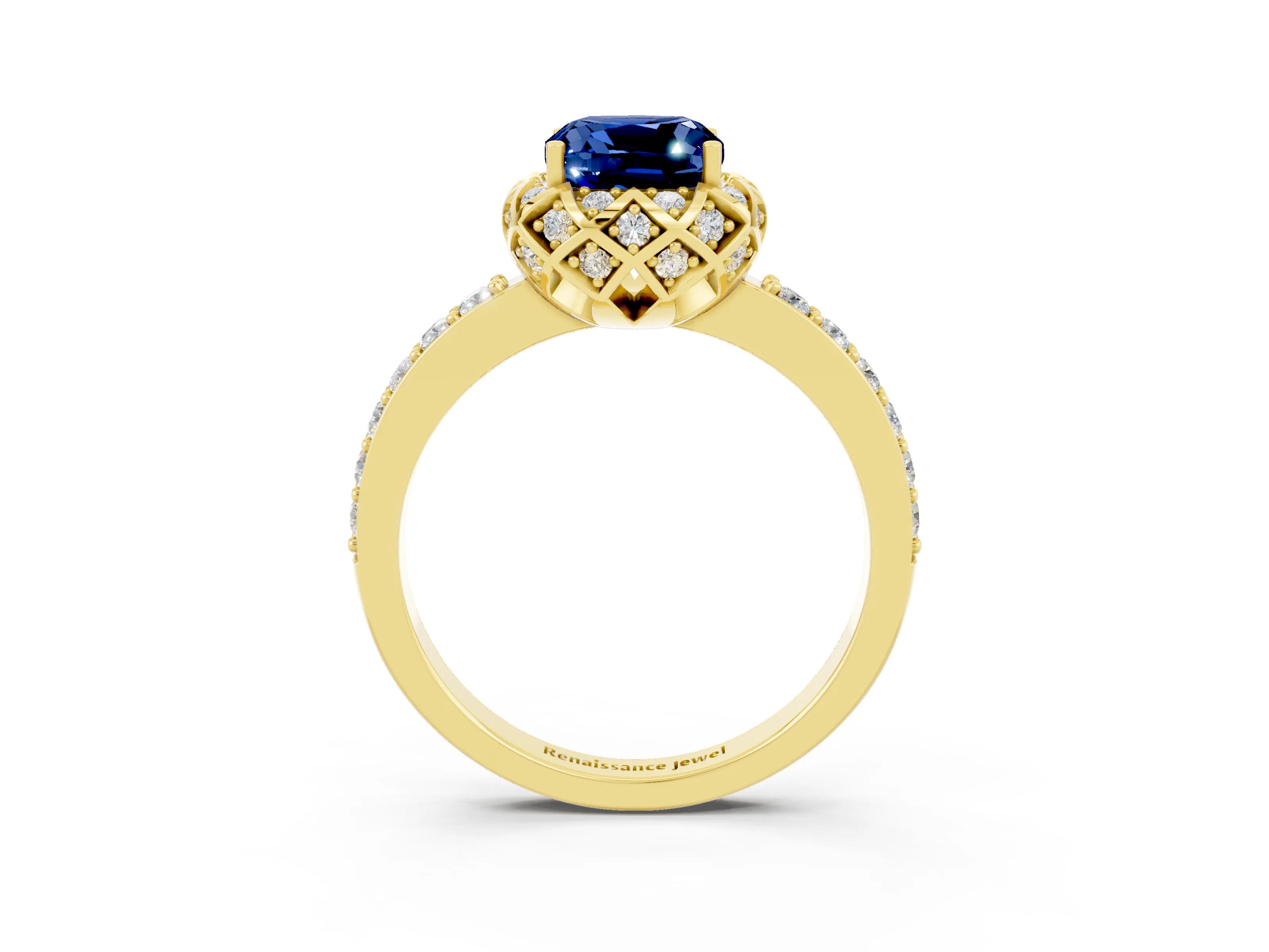 Yellow gold Cushion Cut Diamond Solitaire Ring with Shared Prong Pavé Band_3
