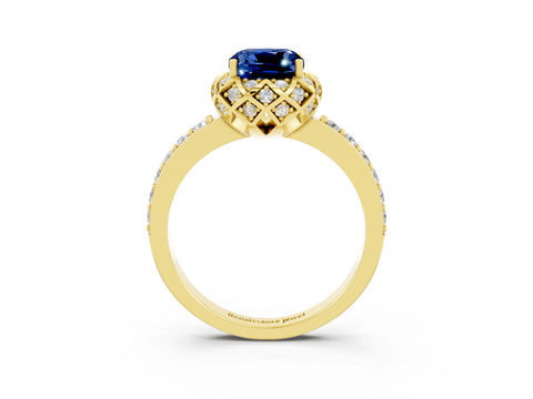Yellow gold Cushion Cut Diamond Solitaire Ring with Shared Prong Pavé Band_3