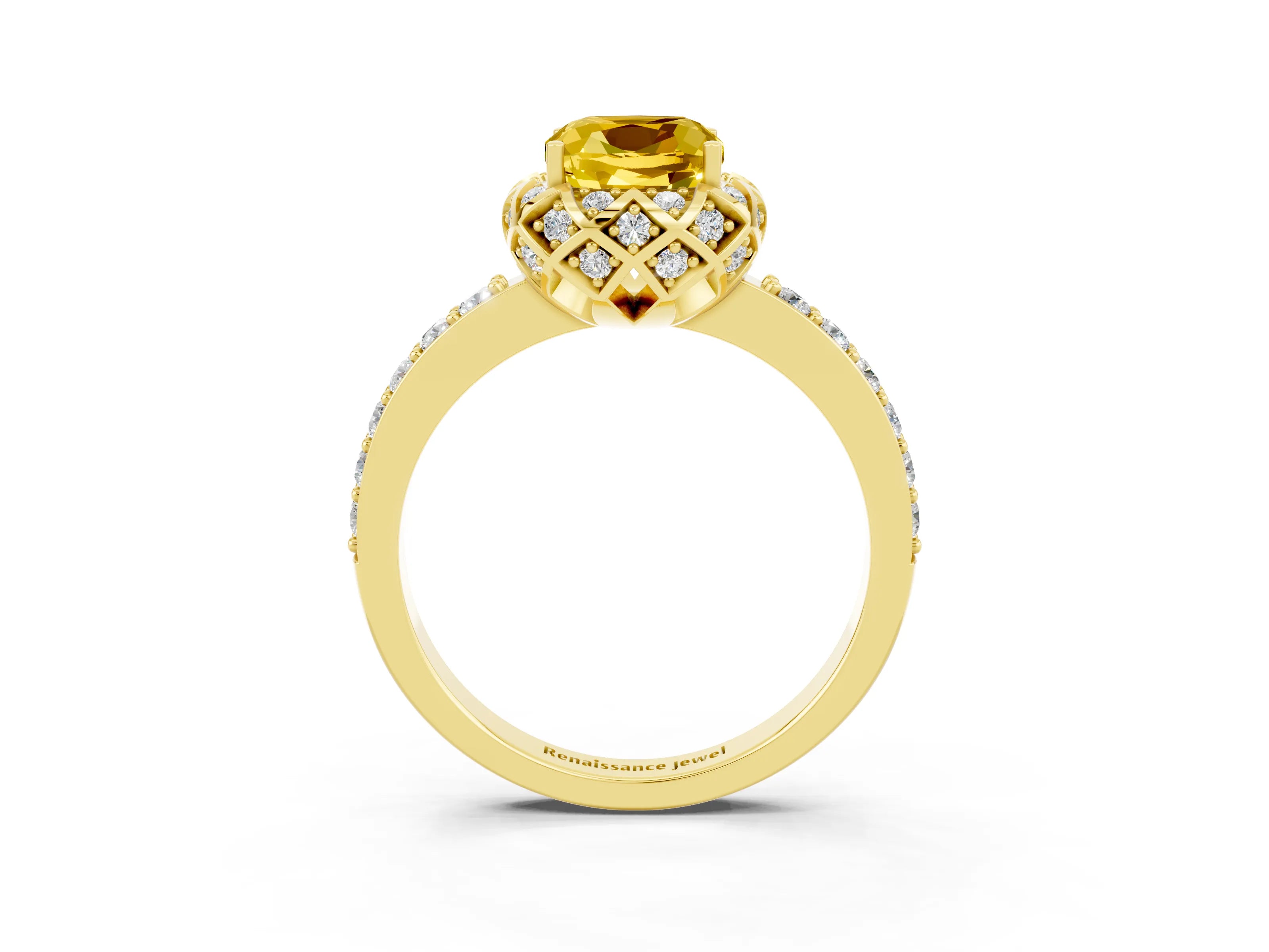 Yellow gold Cushion Cut Diamond Solitaire Ring with Shared Prong Pavé Band_3