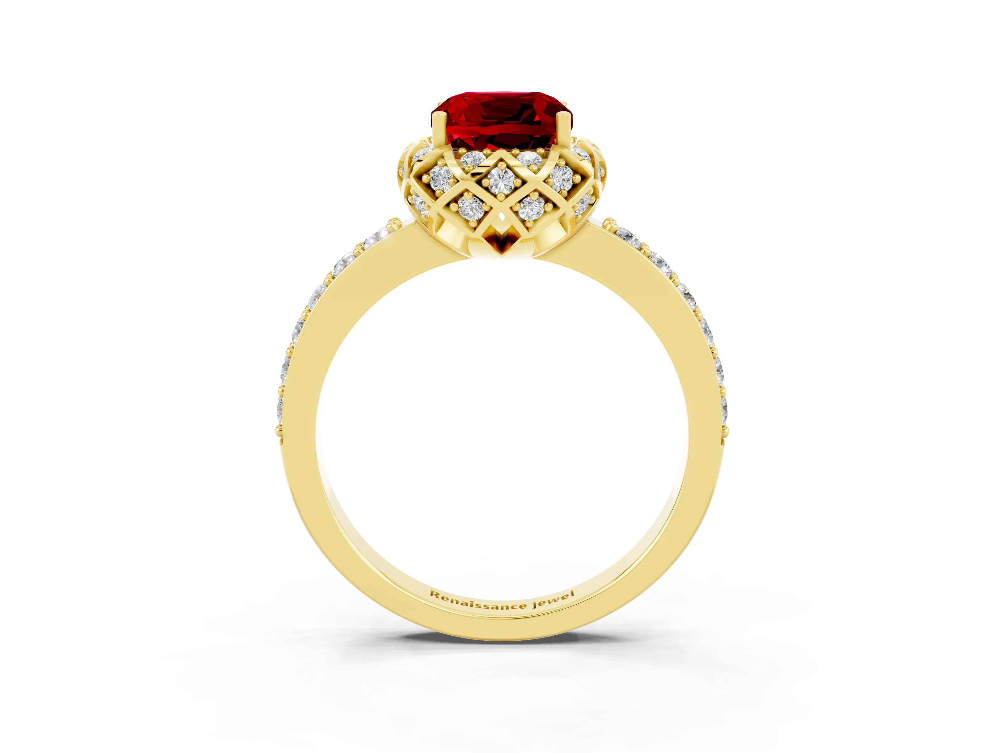 Yellow gold Cushion Cut Diamond Solitaire Ring with Shared Prong Pavé Band_3