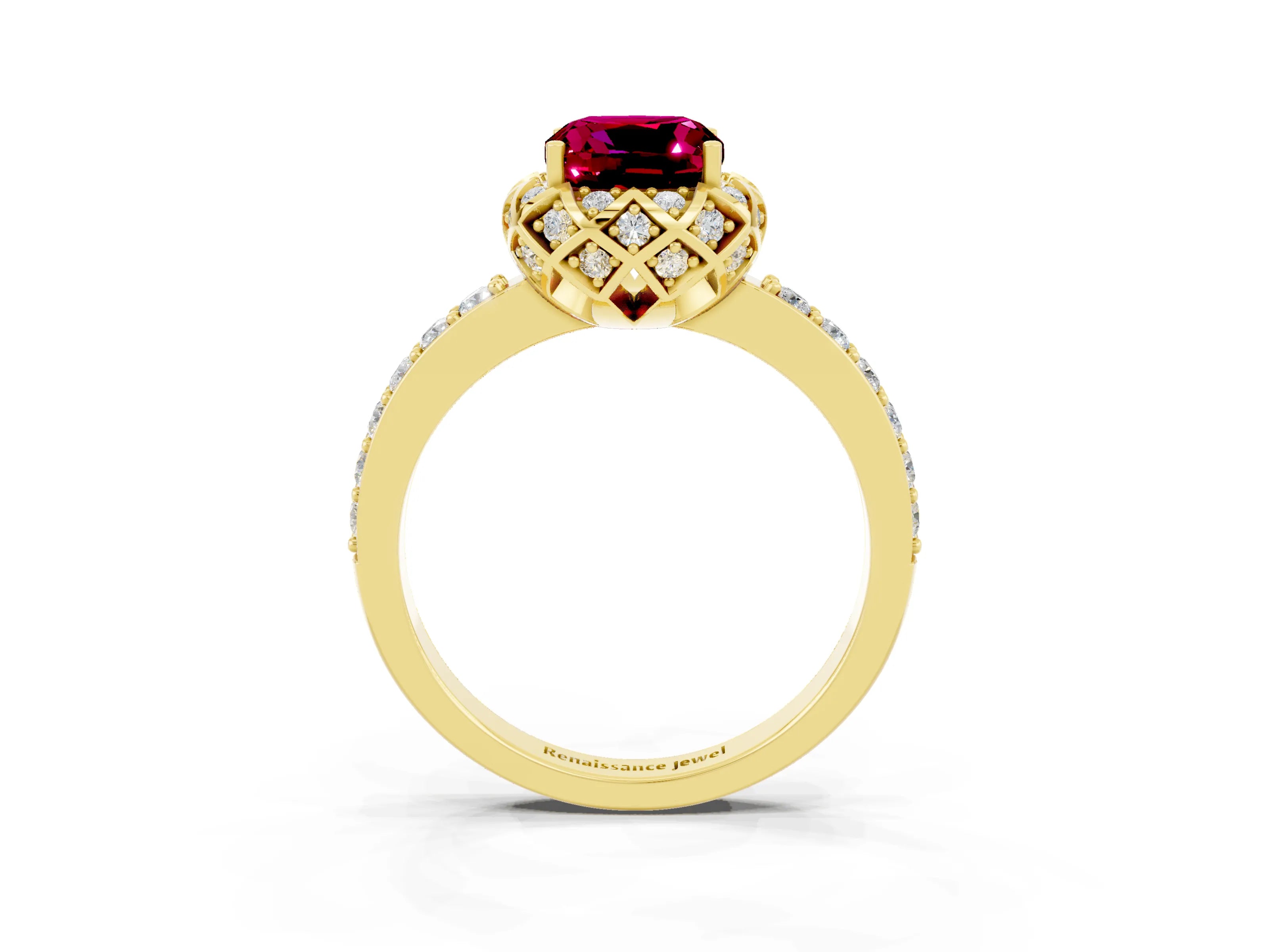 Yellow gold Cushion Cut Diamond Solitaire Ring with Shared Prong Pavé Band_3