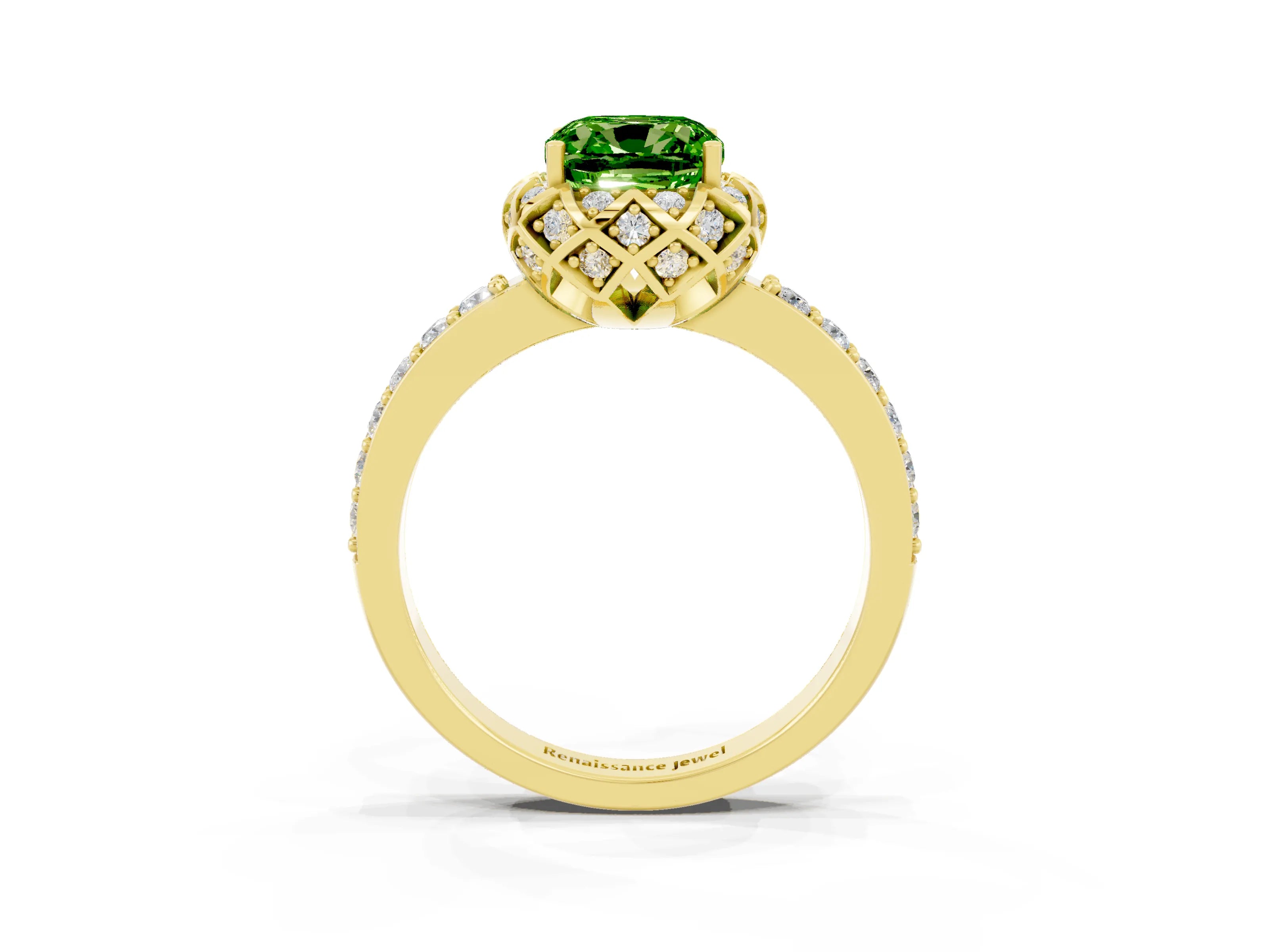 Yellow gold Cushion Cut Diamond Solitaire Ring with Shared Prong Pavé Band_3