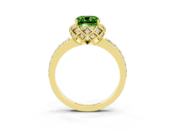 Yellow gold Cushion Cut Diamond Solitaire Ring with Shared Prong Pavé Band