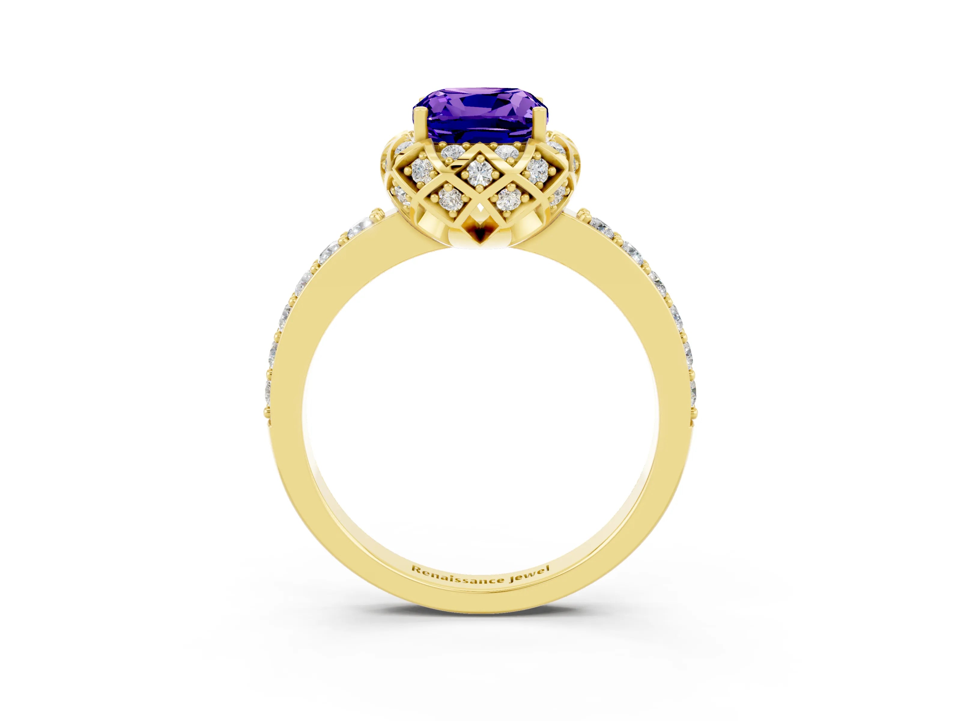 Yellow gold Cushion Cut Diamond Solitaire Ring with Shared Prong Pavé Band_3