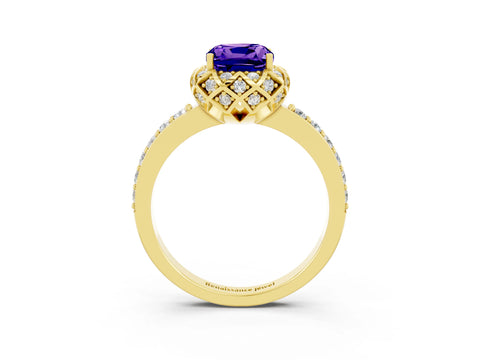 Yellow gold Cushion Cut Diamond Solitaire Ring with Shared Prong Pavé Band_3