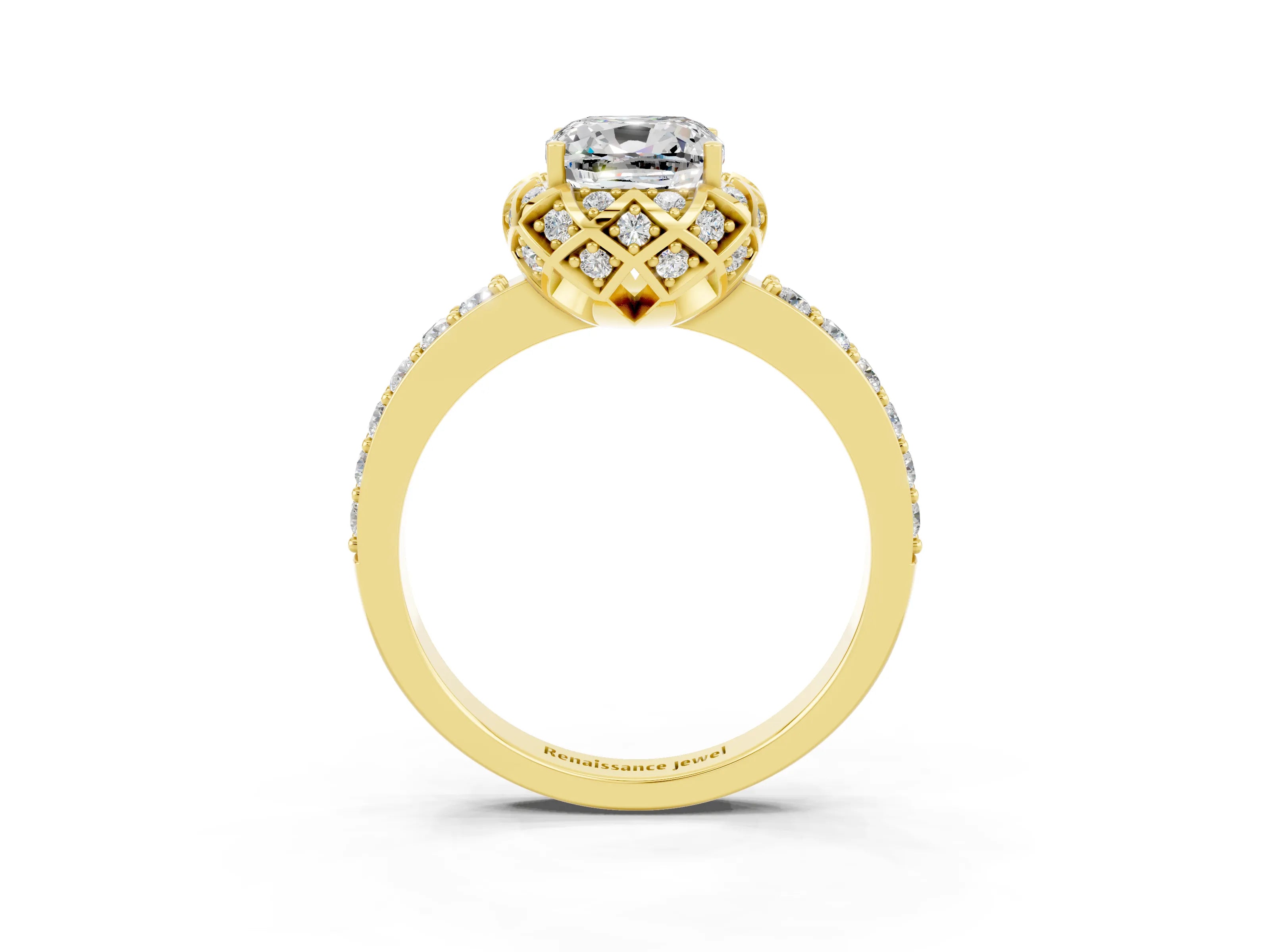 Yellow gold Cushion Cut Diamond Solitaire Ring with Shared Prong Pavé Band_3