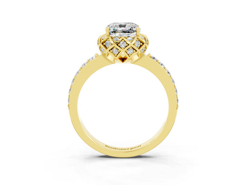 Yellow gold Cushion Cut Diamond Solitaire Ring with Shared Prong Pavé Band_3
