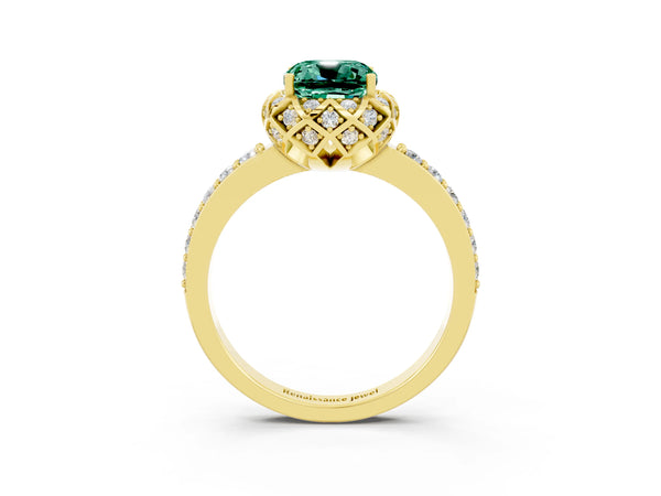 Yellow gold Cushion Cut Green Sapphire Scalloped Halo Engagement Ring with Round Shared Prong Band