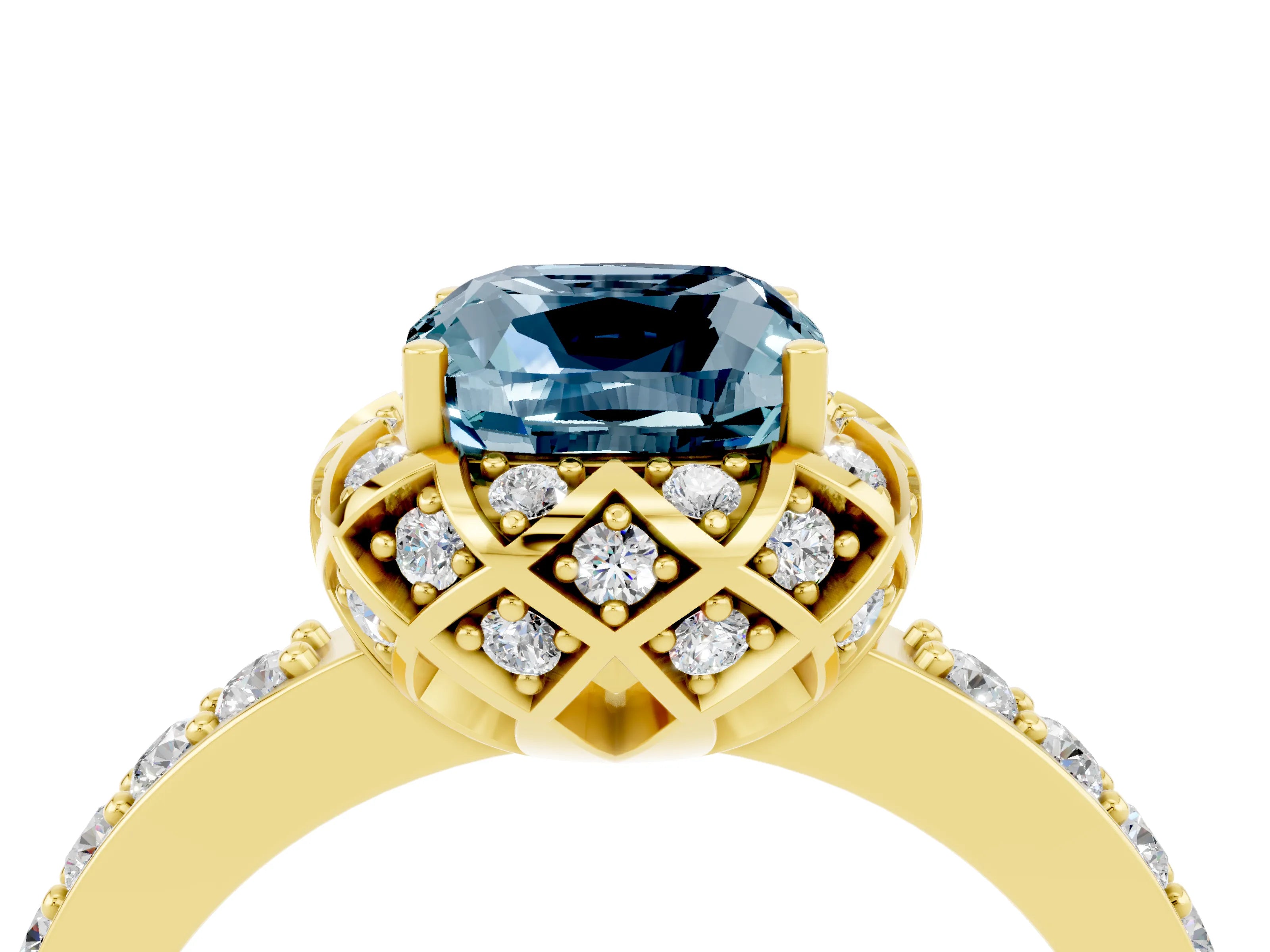 Yellow gold Cushion Cut Diamond Solitaire Ring with Shared Prong Pavé Band_4