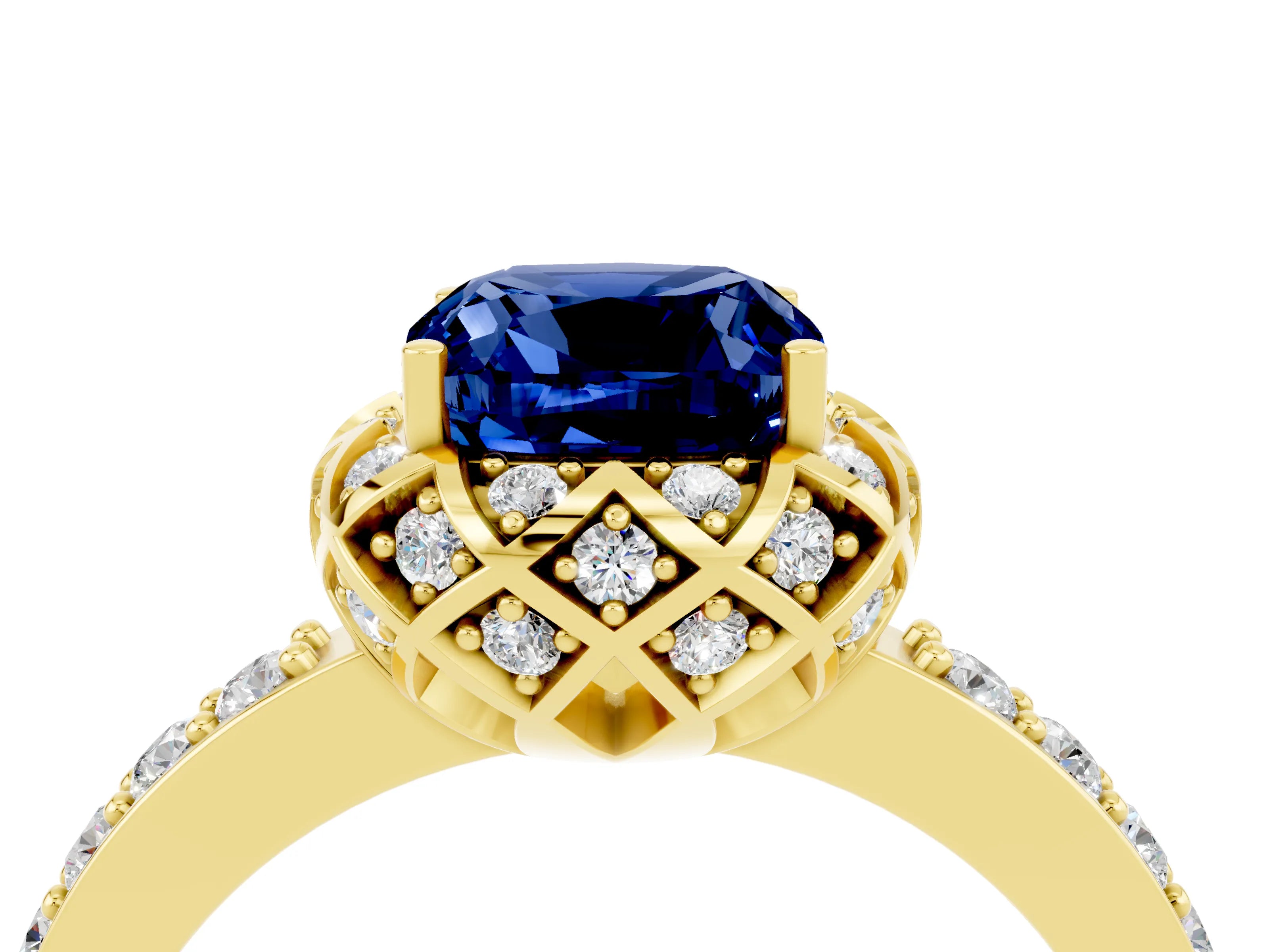 Yellow gold Cushion Cut Diamond Solitaire Ring with Shared Prong Pavé Band_4