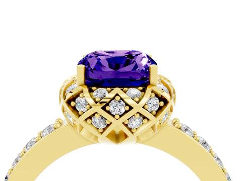 Yellow gold Cushion Cut Diamond Solitaire Ring with Shared Prong Pavé Band_4
