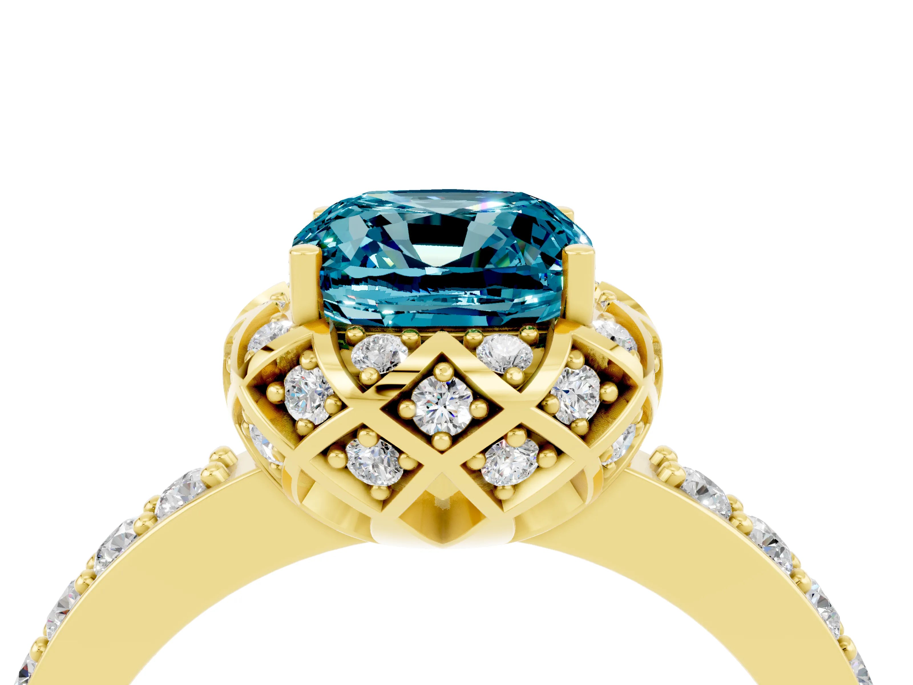 Yellow gold Cushion Cut Diamond Solitaire Ring with Shared Prong Pavé Band_4
