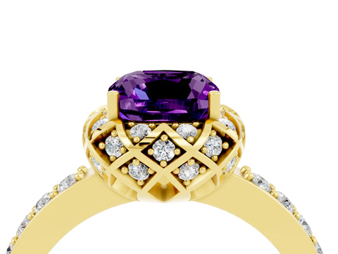 Yellow gold Cushion Cut Diamond Solitaire Ring with Shared Prong Pavé Band_4