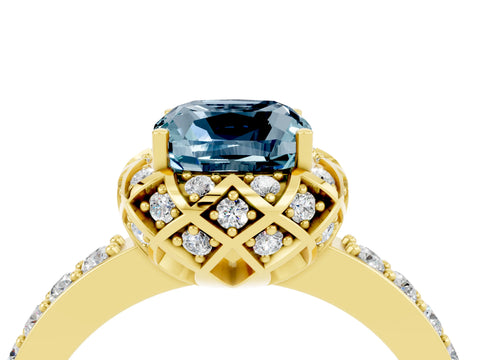 Yellow gold Cushion Cut Diamond Solitaire Ring with Shared Prong Pavé Band_4