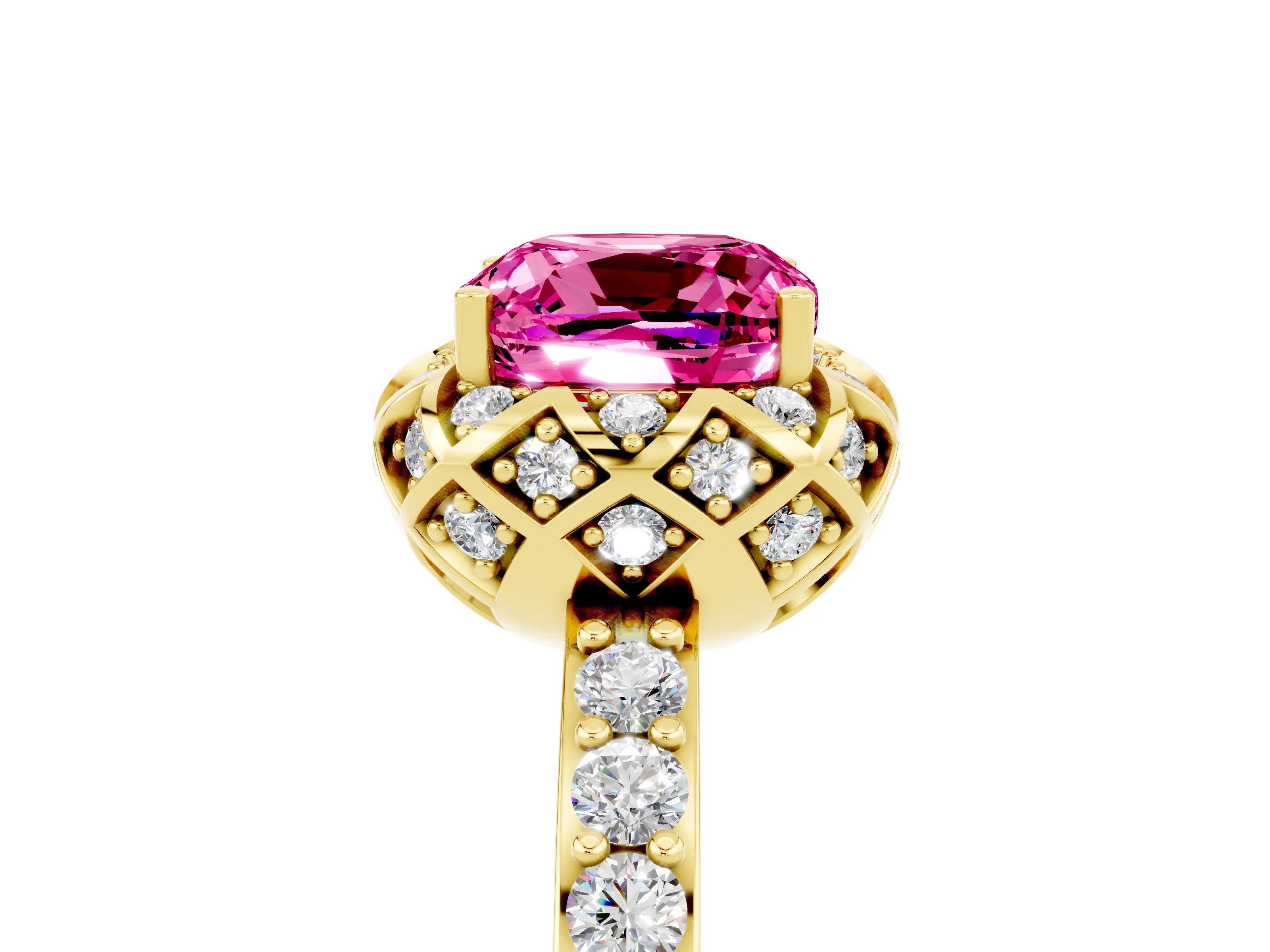 Yellow gold Cushion Cut Diamond Solitaire Ring with Shared Prong Pavé Band_5