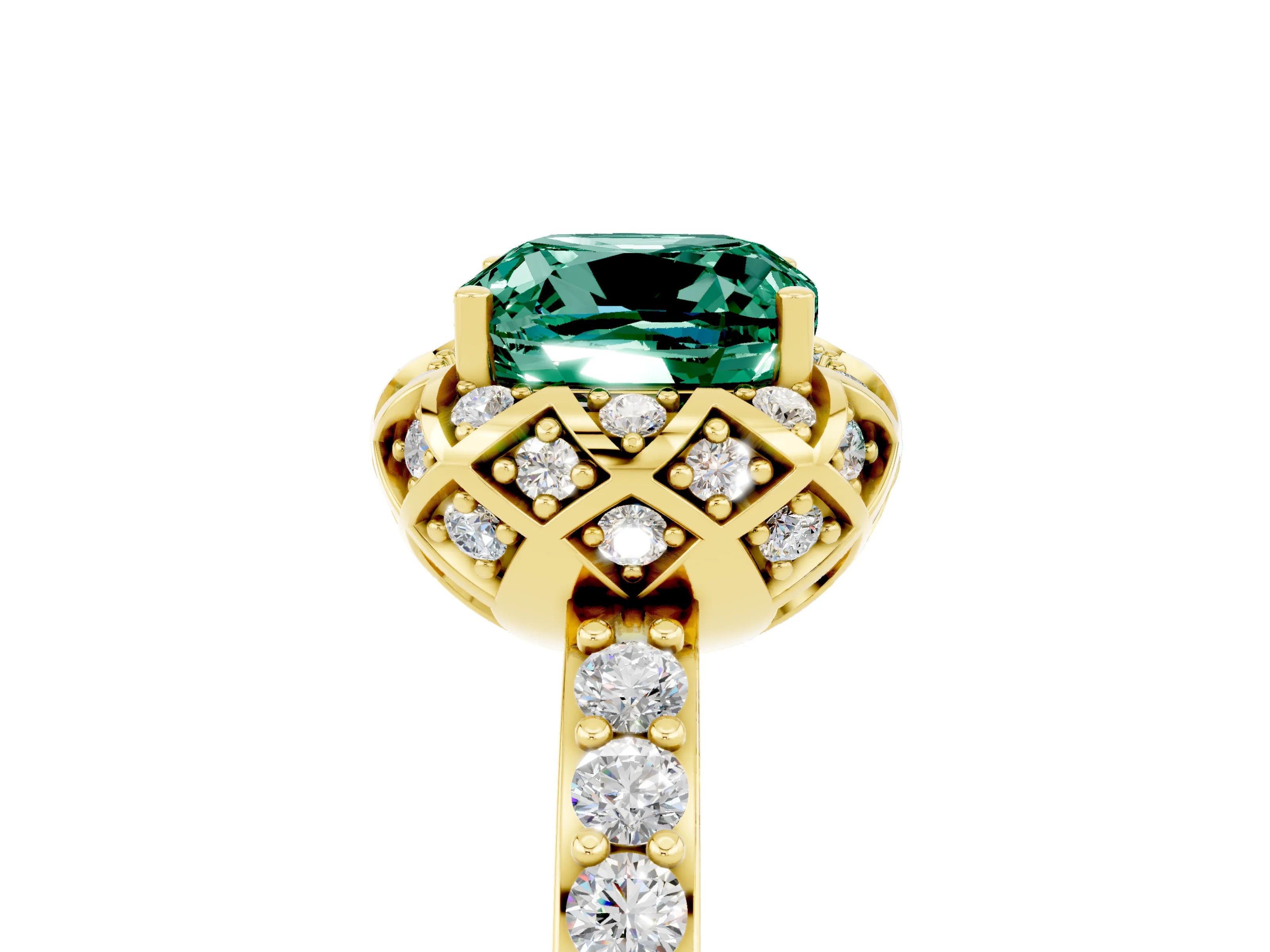 Yellow gold Cushion Cut Diamond Solitaire Ring with Shared Prong Pavé Band_5