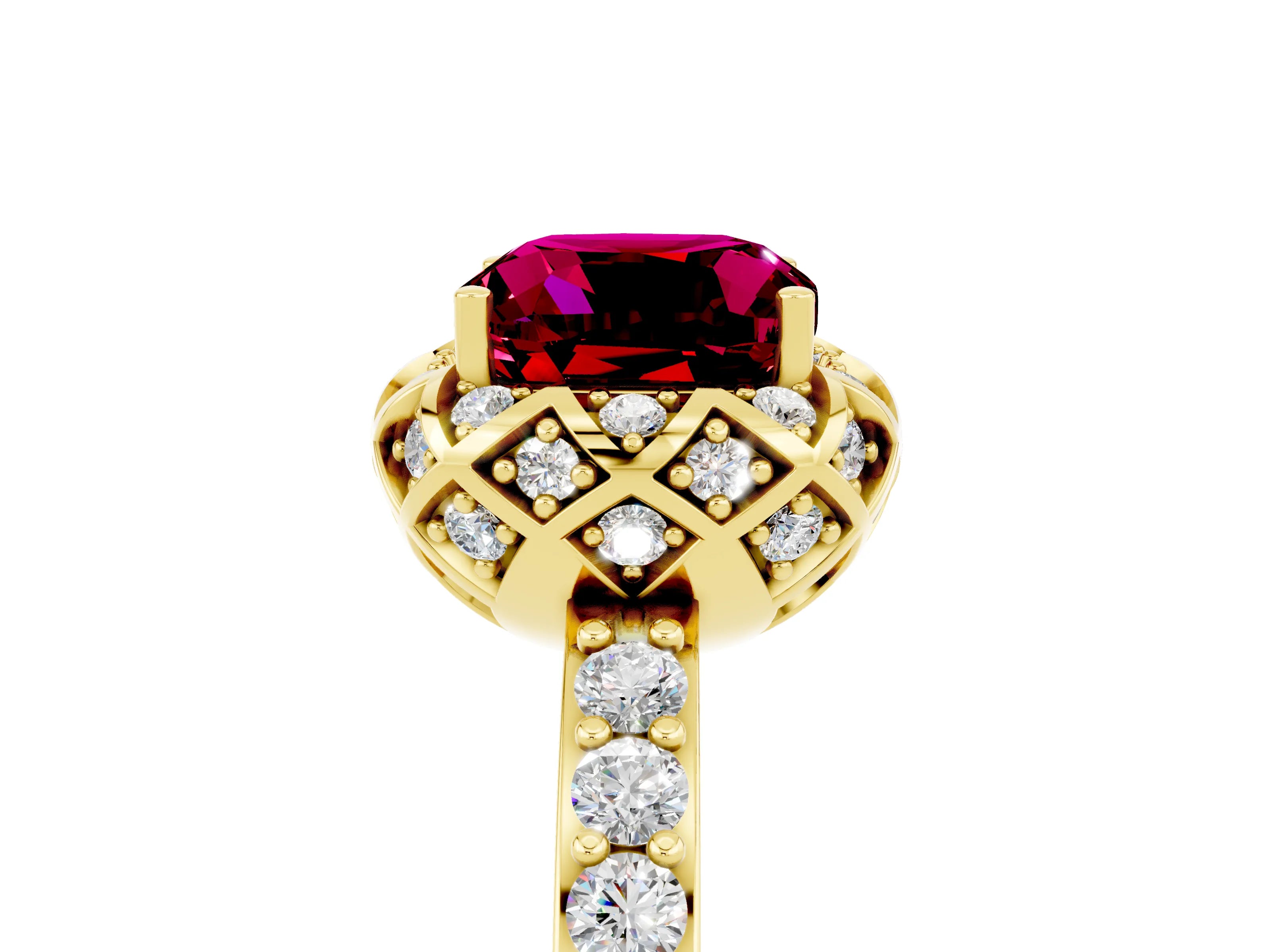 Yellow gold Cushion Cut Diamond Solitaire Ring with Shared Prong Pavé Band_5
