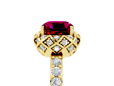Yellow gold Cushion Cut Diamond Solitaire Ring with Shared Prong Pavé Band_5
