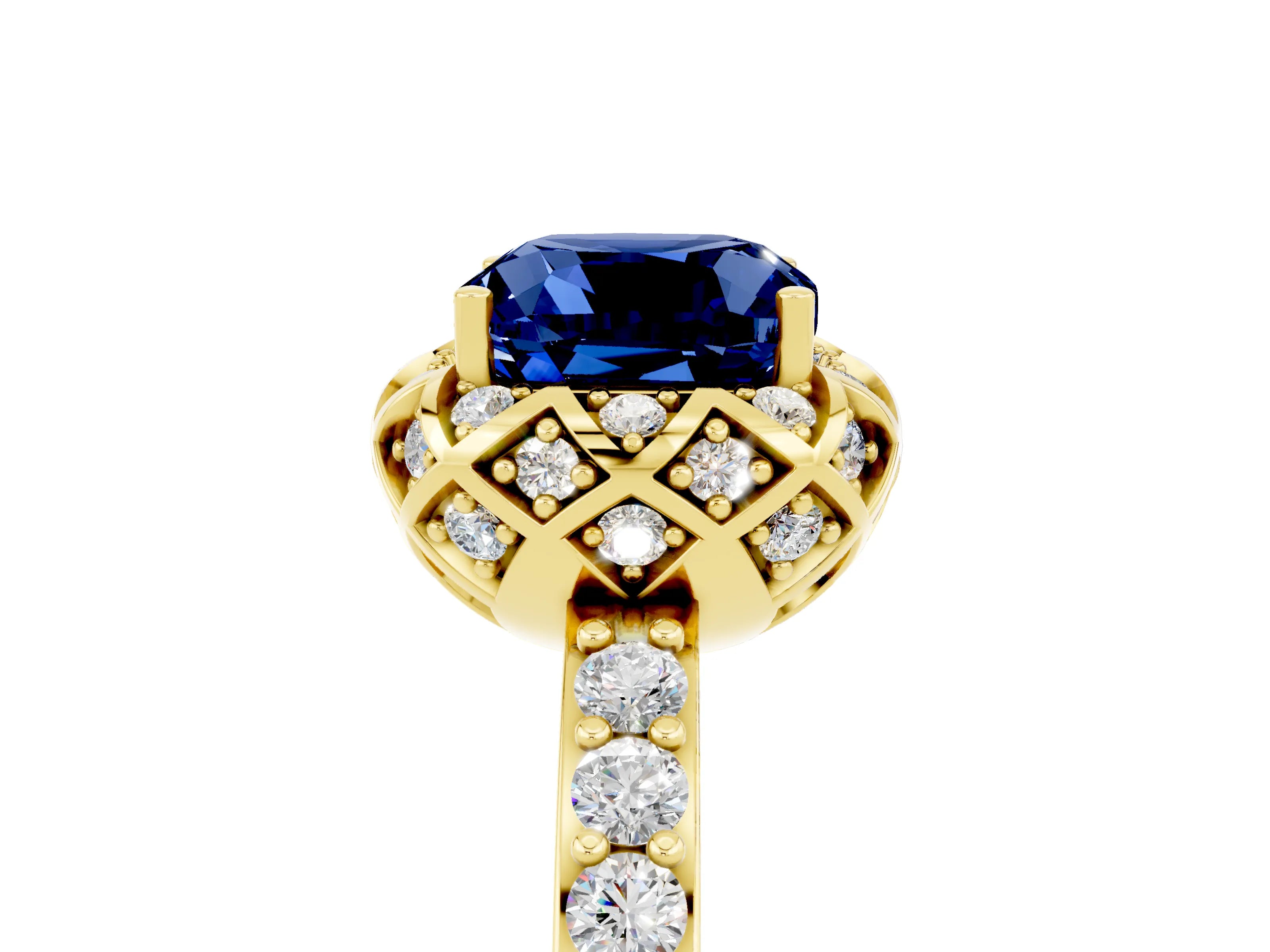 Yellow gold Cushion Cut Diamond Solitaire Ring with Shared Prong Pavé Band_5