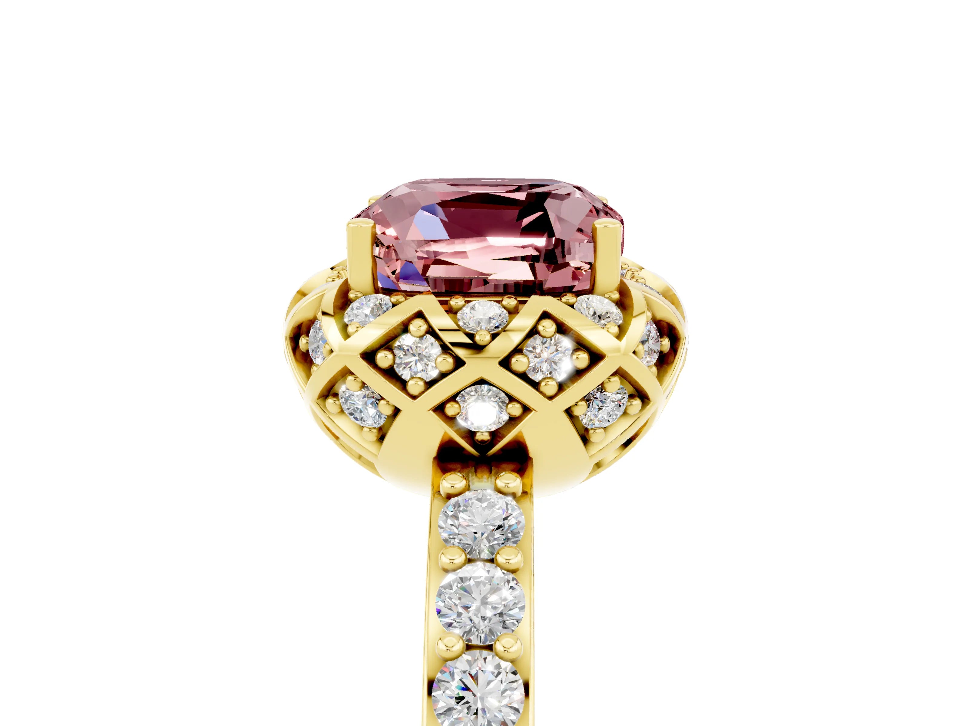 Yellow gold Cushion Cut Diamond Solitaire Ring with Shared Prong Pavé Band_5