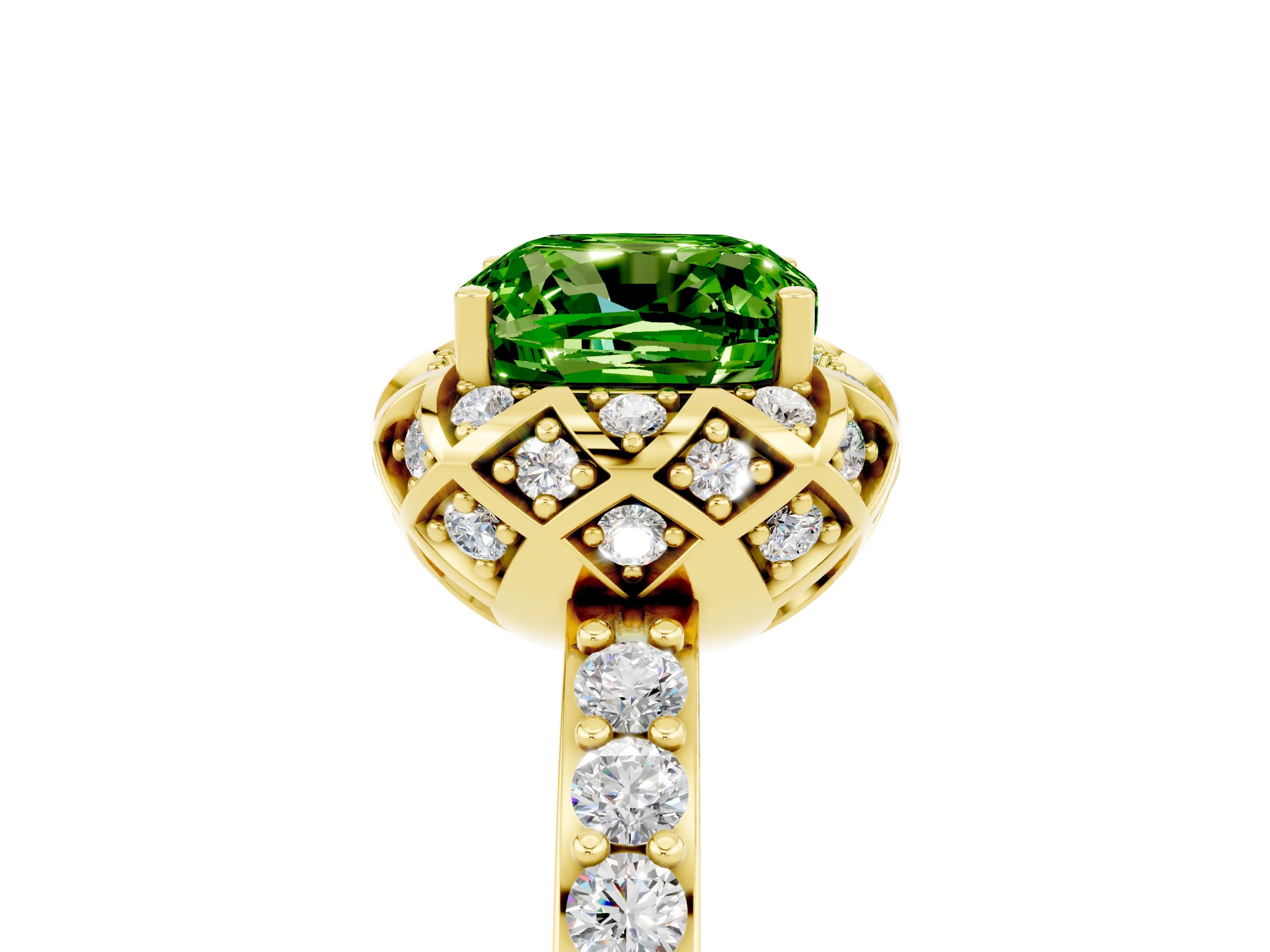 Yellow gold Cushion Cut Diamond Solitaire Ring with Shared Prong Pavé Band_5