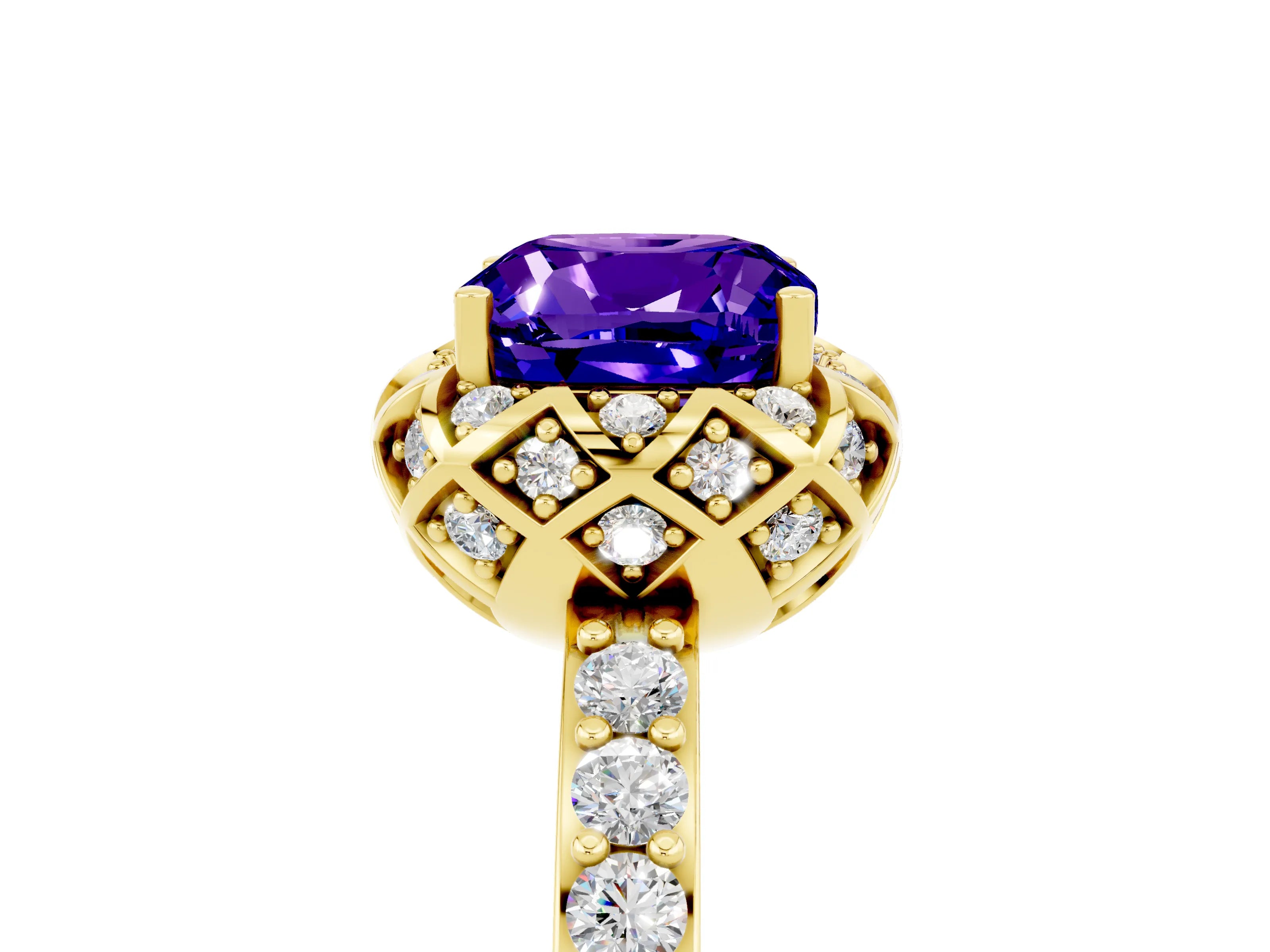 Yellow gold Cushion Cut Diamond Solitaire Ring with Shared Prong Pavé Band_5