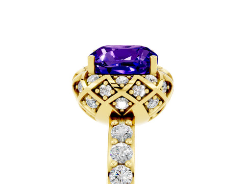 Yellow gold Cushion Cut Diamond Solitaire Ring with Shared Prong Pavé Band_5