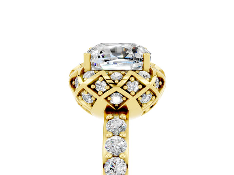 Yellow gold Cushion Cut Diamond Solitaire Ring with Shared Prong Pavé Band_5