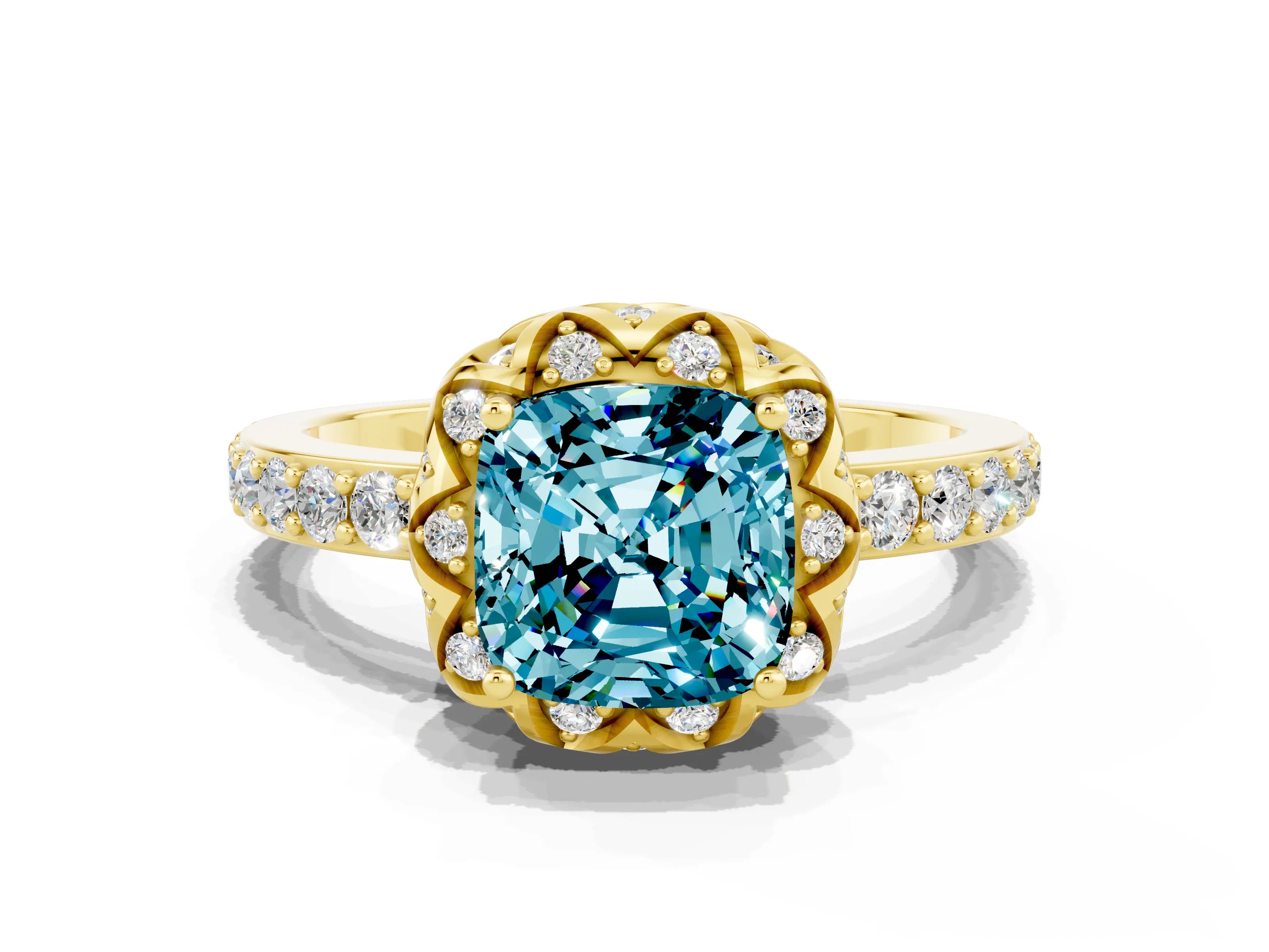 Yellow gold Cushion Cut Diamond Solitaire Ring with Shared Prong Pavé Band
