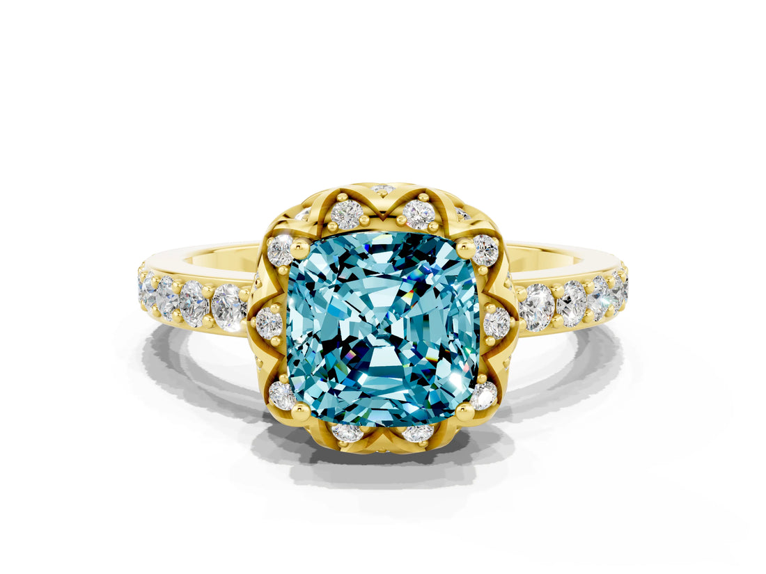 Yellow gold Cushion Cut Diamond Solitaire Ring with Shared Prong Pavé Band