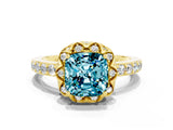 Yellow gold Cushion Cut Diamond Solitaire Ring with Shared Prong Pavé Band
