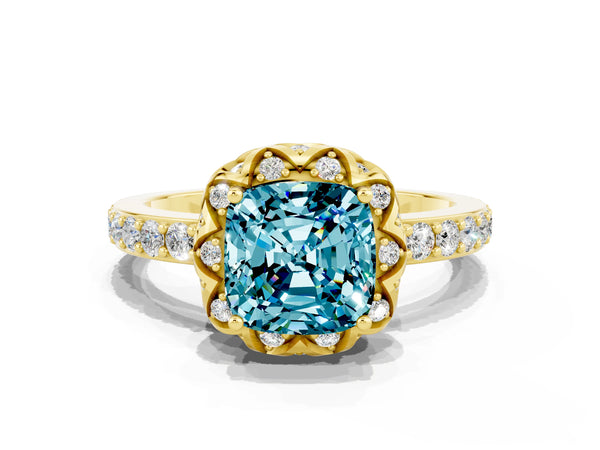 Yellow gold Cushion Cut Diamond Solitaire Ring with Shared Prong Pavé Band